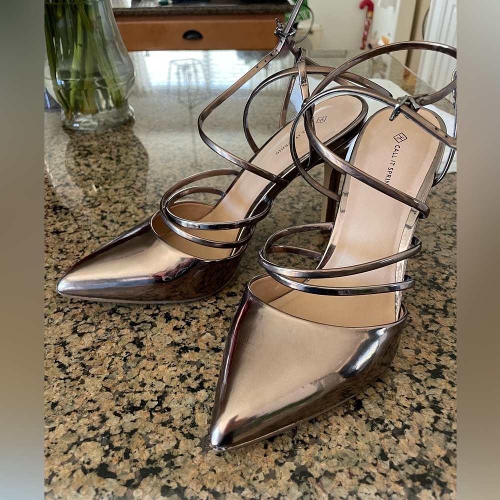 “Call it Spring” wrap Rose Gold metallic Sandal heel